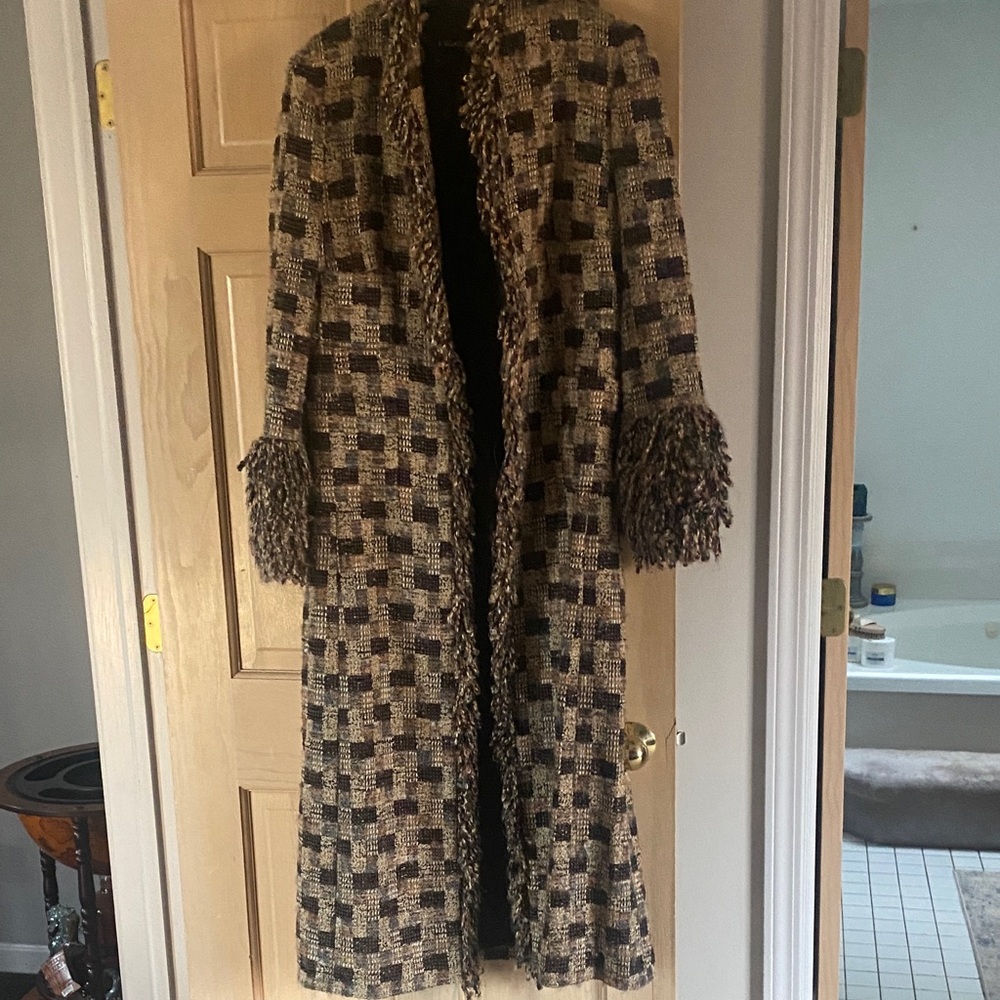 Escada Long Check Tweed Pea Coat in Brown and Black